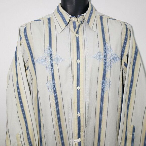 Guess Mens Striped Long Sleeve Shirt L Button Front Blue Yellow Embroidered - Picture 1 of 8